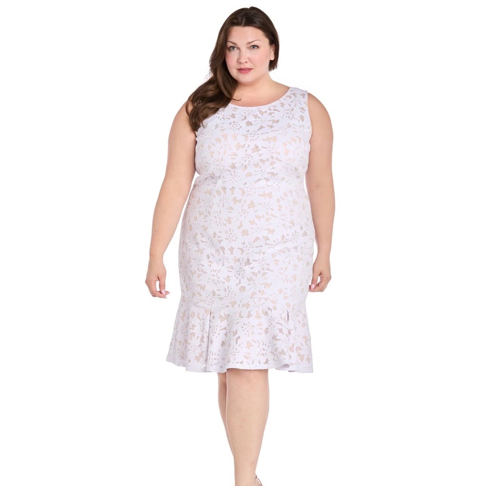 R&M Richards White Nude Floral Lace Drop Waist Ruffle Dress 22W Womens